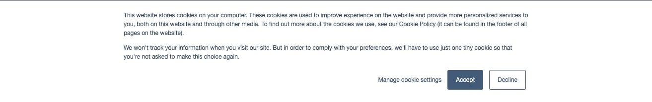 A screenshot of a cookies banner on a website implemented via HubSpot.