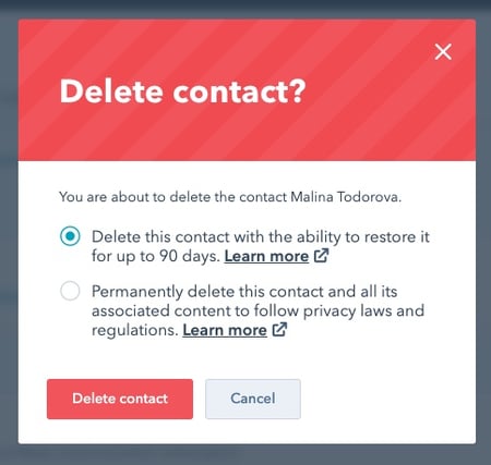 A screenshot of doing a regular delete of contacts in the HubSpot CRM.