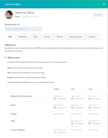 Restricting User views and access to areas in the HubSpot portal using Team permissions sets and individual permissions.