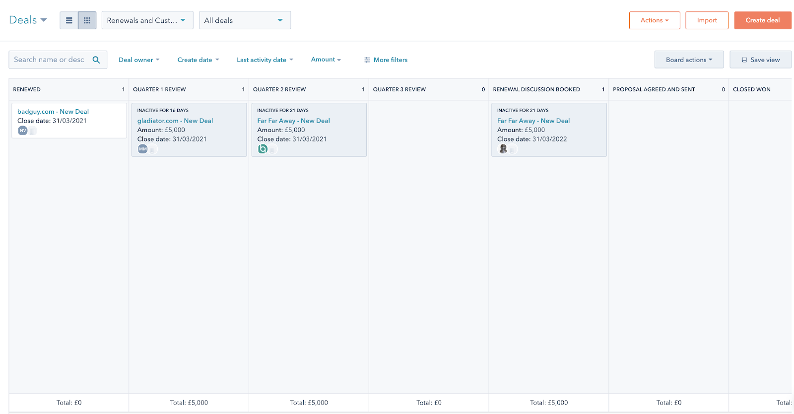 An overview of the sales pipeline in HubSpot with deals in different stages