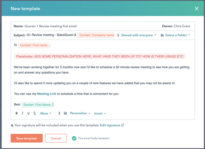 A view of email templates in HubSpot