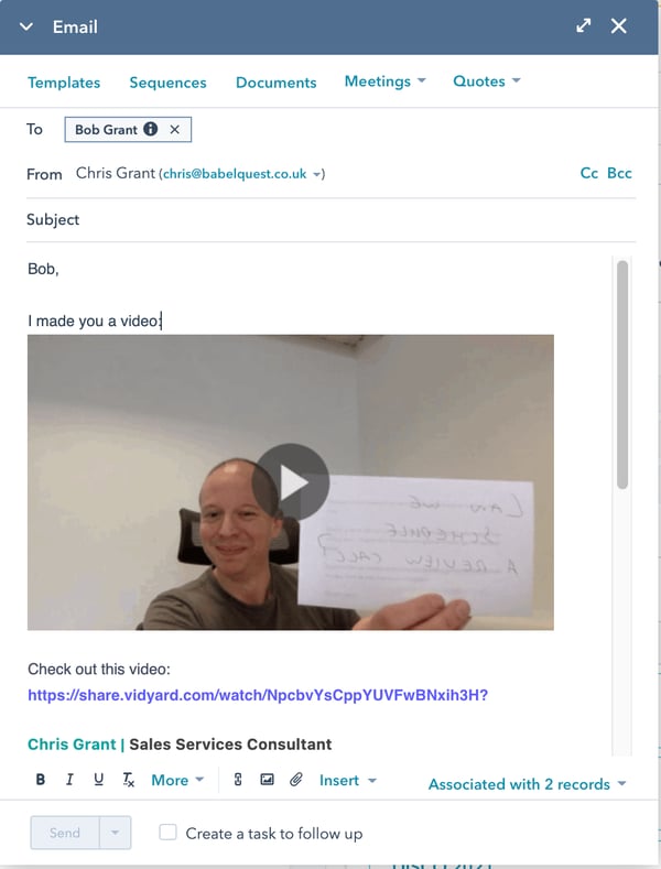 An inserted video in an email send straight from HubSpot to a customer