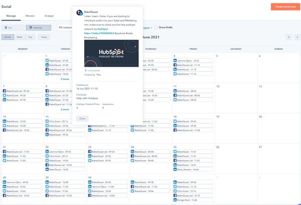 Social Media Tool Calendar view in BabelQuest's own HubSpot portal