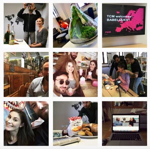 A grid view of BabelQuest's Instagram showing employees and office culture