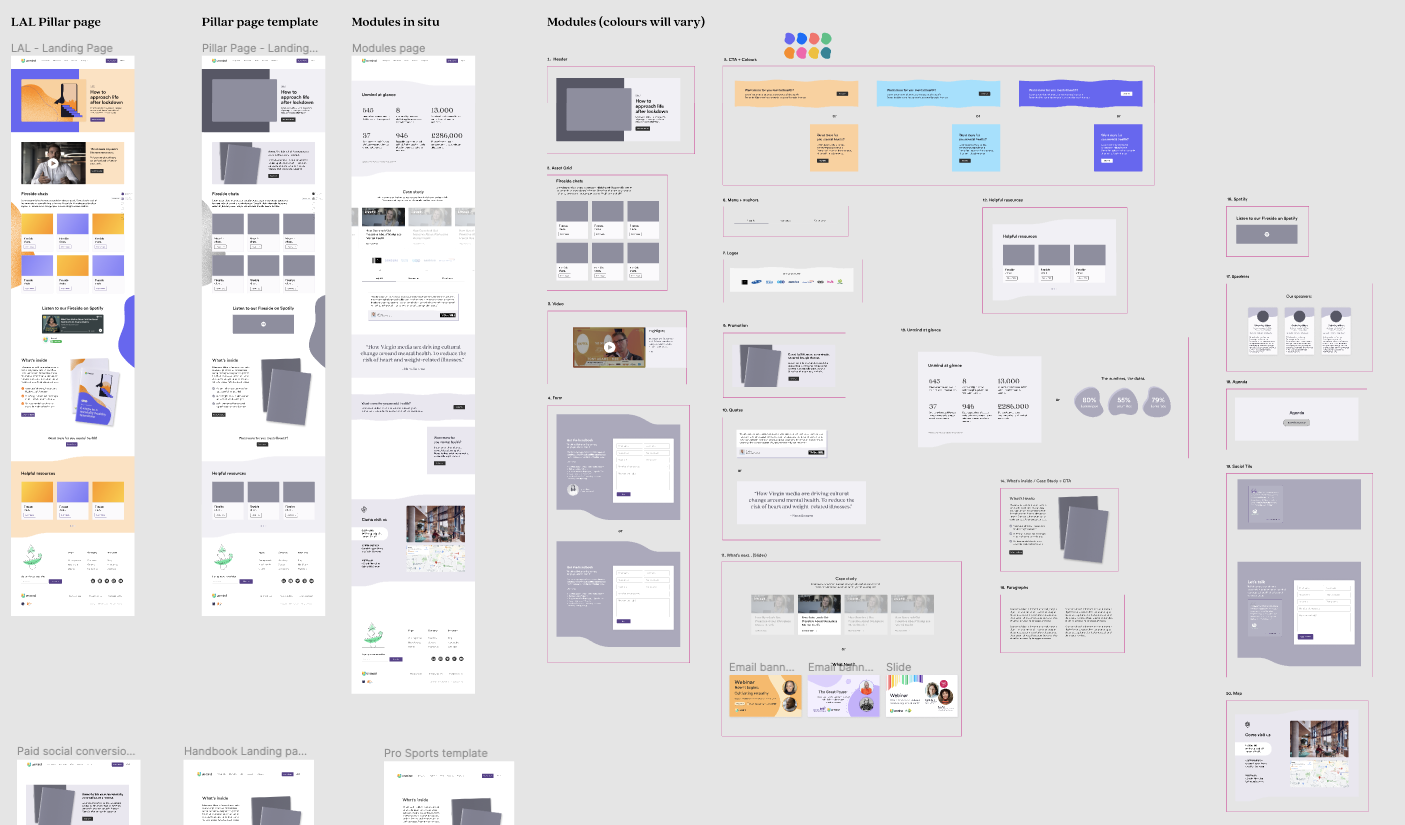 Page mockups and modules designed for desktop in the initial part of the project.