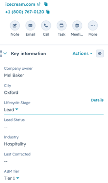Custom company property panel showing ABM tier field with Tier 1, Tier 2, Tier 3 options