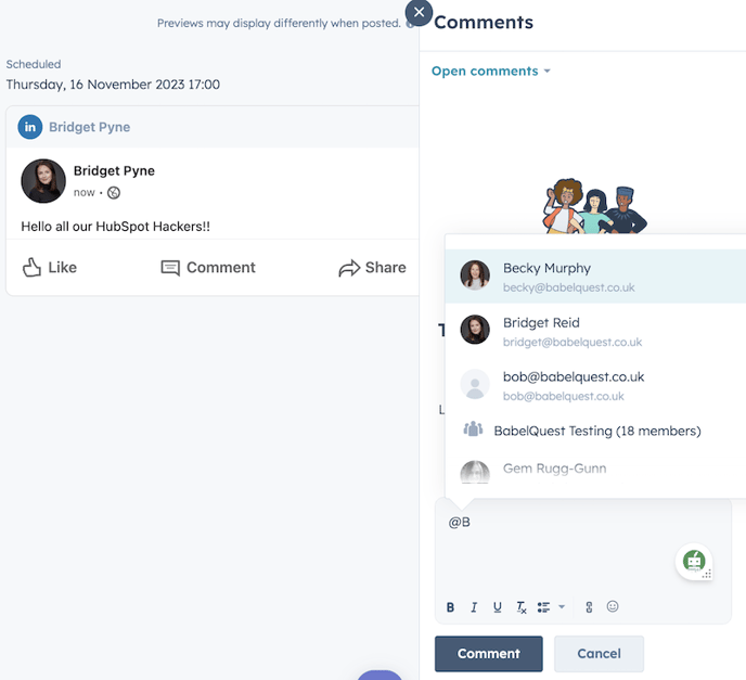 Manage socials with sidebar hack- Comment members