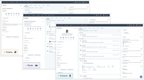 A look at the records of a Ticket, a Deal and a Contact