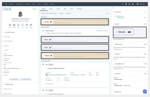 Timeline of events seen on a Contact in HubSpot