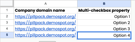 A table with two columns labelled 'Company domain name' and 'Multi-checkbox property'. 