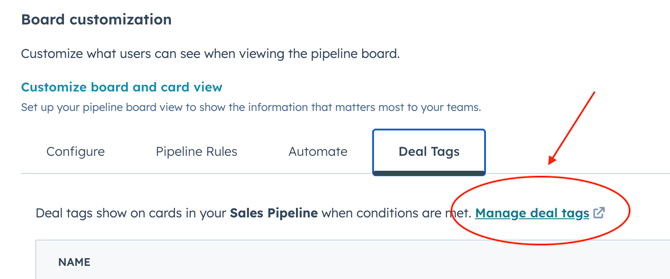 Highlighting the option to select 'Manage deal tags' in the 'Deal tags' page in HubSpot