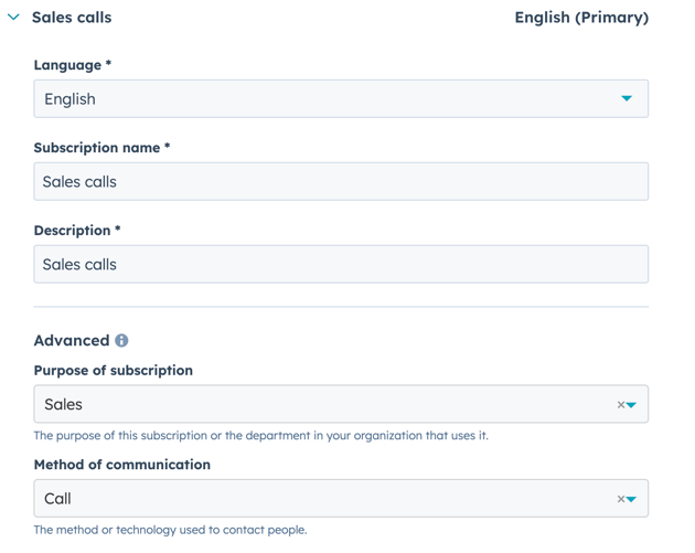 A subscription type for sales calling in HubSpot