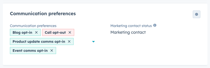 A custom CRM card showing communication preferences
