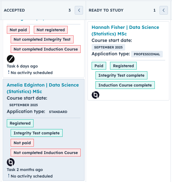 Colour-coded deal tags to show the status of exit criteria tasks on a pipeline