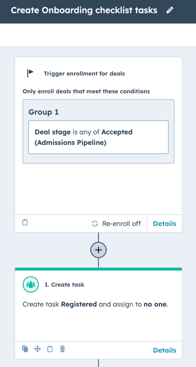 A workflow which enrols deals in a specific stage and then creates a task