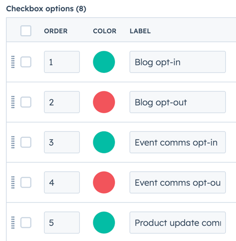 A multi-check box colour-coded CRM property showing opt-in status