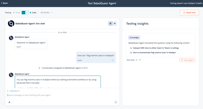 HubSpot Customer Agent preview panel showing a test question, the answer given, and the source article citation underneath