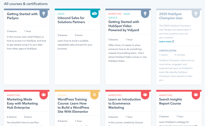 Some examples of training and certifications available at HubSpot Academy