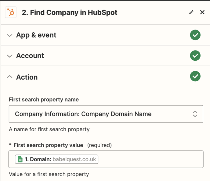Step 2 in a Zapier zap showing how the action is for Zapier to find company in HubSpot