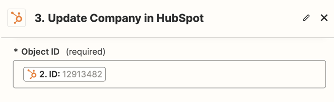 A screenshot of a Zapier action set to 'Update Company in HubSpot'