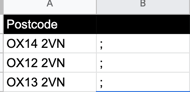 Demonstrating different postcodes in different cells on a spreadsheet