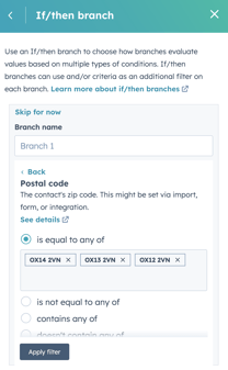 The if/then branch in a HubSpot workflow