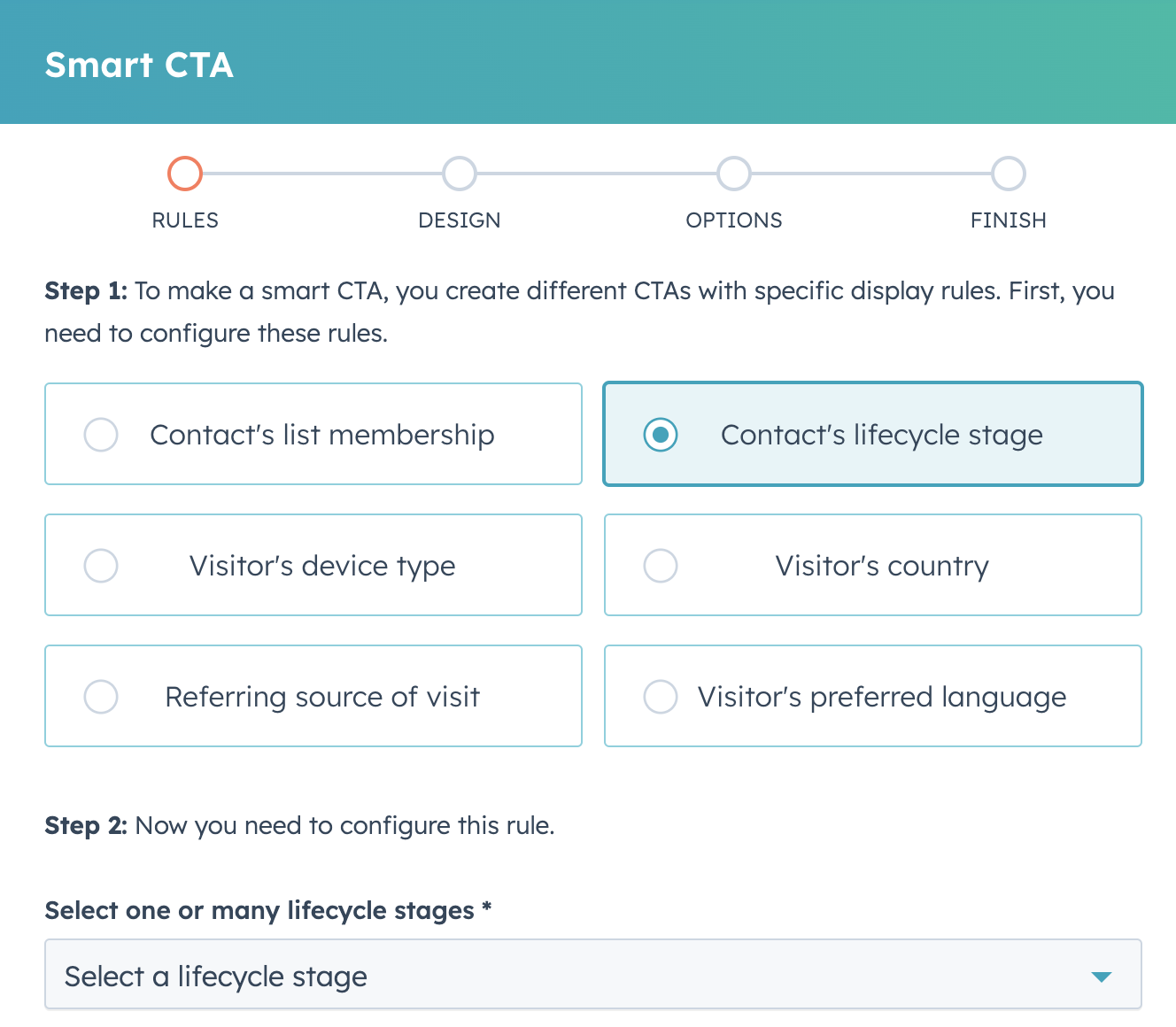 Step on showing you how to select lifecycle stage for dynamic CTAs